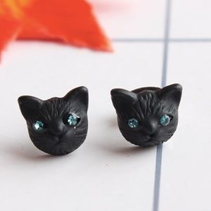 Black Cat Earrings Gold Plated Silver Stud Crystal